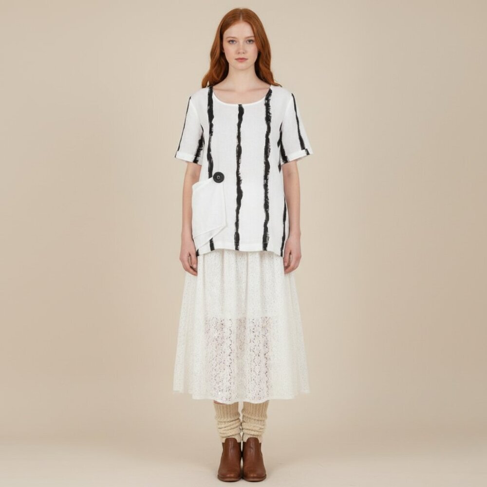 Compli K Womens Small Linen Striped Short Sleeve Lagenlook Patch Pocket Top